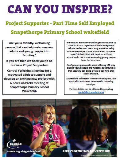 Exciting opportunity for a part time - self-employed project supporter to help open 6 new Cub Packs cycscouts.org.uk/sections/count…