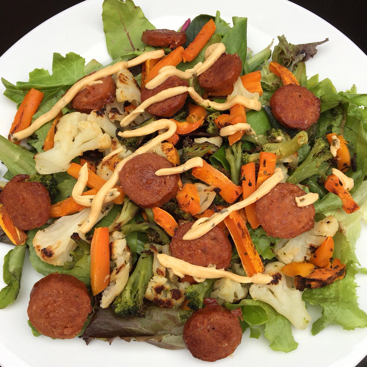 Delicious #GlutenFree #DairyFree salad wi/ our spicy southwestern #sausage &amp; roasted carrots &amp; broccoli &amp; cauliflower! #Kosher #JacksGourmet
