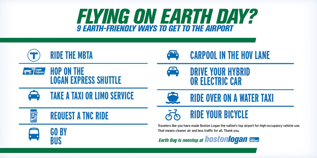BostonLogan's tweet photo. On #EarthDay and every day, we are committed to providing travelers with #green travel options. Here are 9 easy ways to get to the airport. https://t.co/zE67qXJgUu