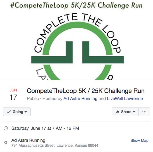 LawrenceKSLoop's tweet photo. Mark your calendars! #Completetheloop 5k happening June 17! https://t.co/2GVtm1aXh2