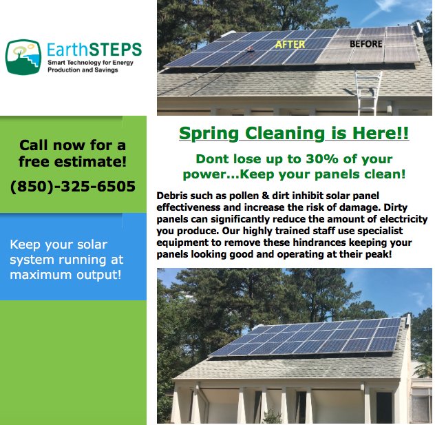EarthSTEPSllc's tweet photo. Hey #Tallahassee , spring cleaning is here!! Don't lose up to 30% of your power.Keep your #SolarPanels clean! Call us for a FREE estimate. https://t.co/6b7vTjXsxM