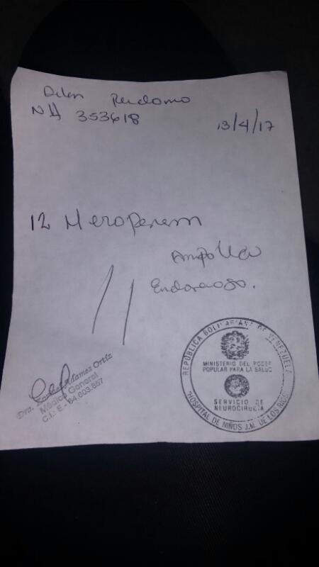 carlosmtrapani's tweet image. Dylan necesita 12 ampollas Meropenem. JM de los Ríos y farmacias no hay. Revenden en 43milBs c/u.  info @preparaflia