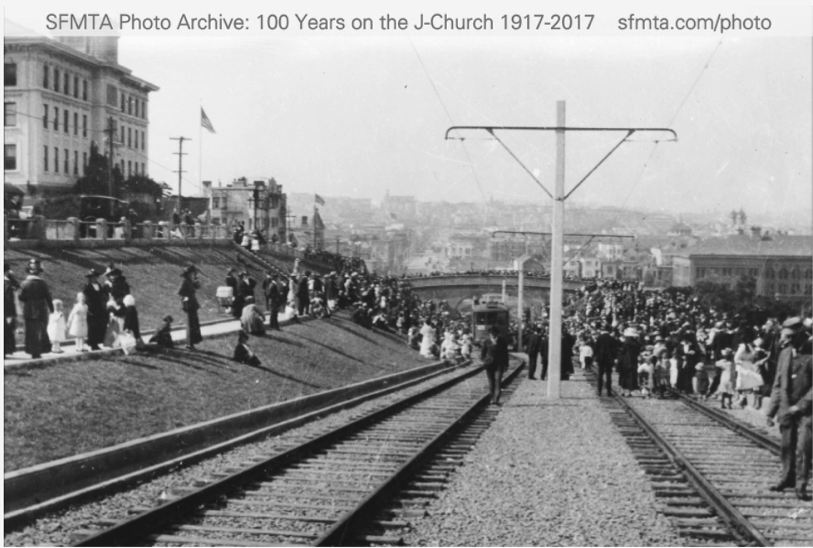 BayAreaClipper's tweet photo. HAPPY 100th BIRTHDAY to @sfmta_muni’s J-Church! Here’s the  opening party in 1917 at #DoloresPark #TBT #jchurch https://t.co/chXuFZdXQi