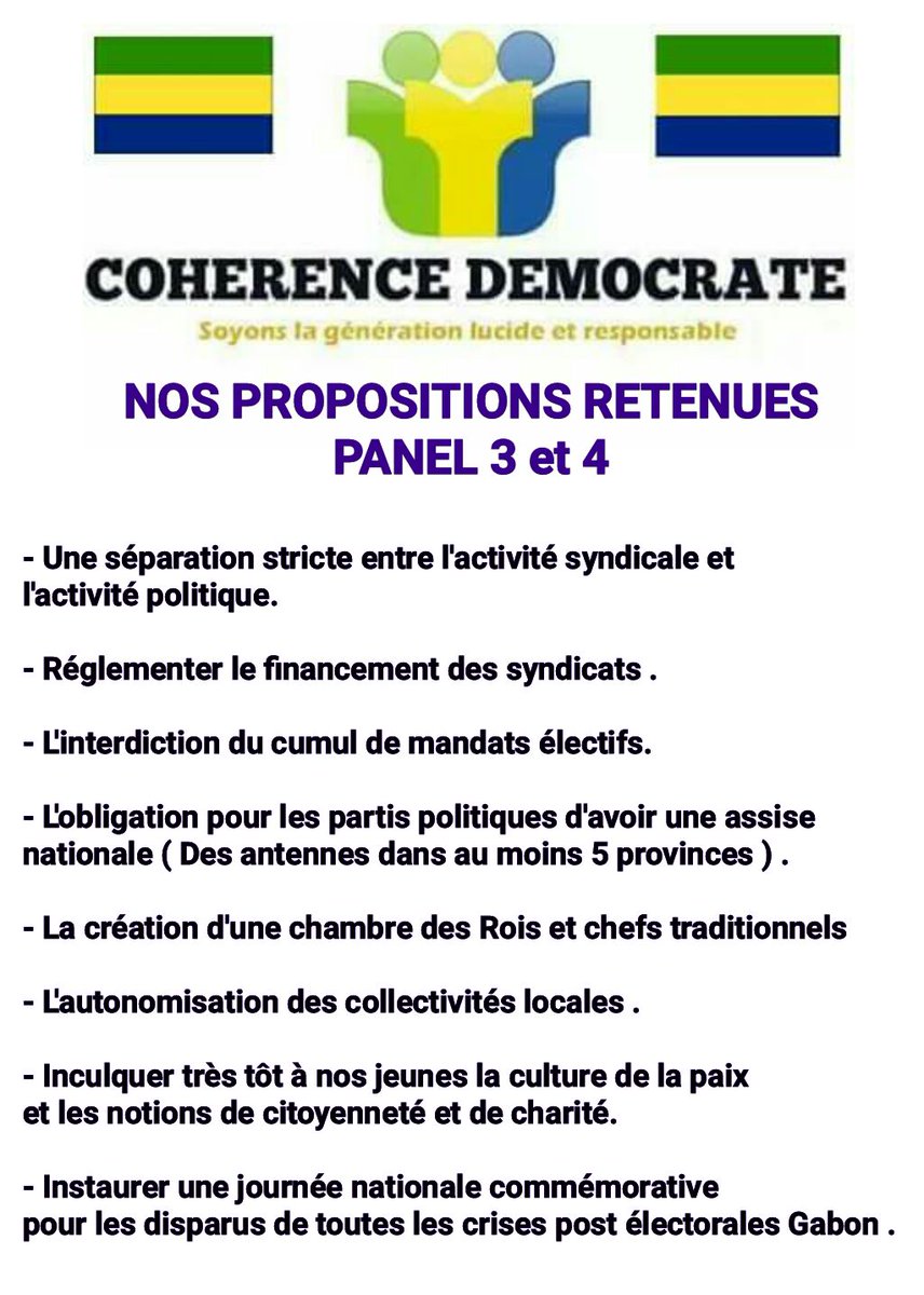 Suite des propositions de <a href="/coherencedemo/">Cohérence démocrate</a> retenues dans le rapport final.<a href="/dialoguegabon/">Dialogue Politique</a> #Gabon