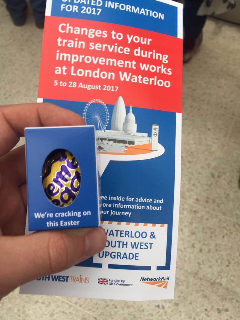 TimCharlton's tweet photo. Great way to get people to take your boring literature on rail upgrades @SW_Trains Love a free Creme Egg. #threeplease https://t.co/BYvx2z12rm