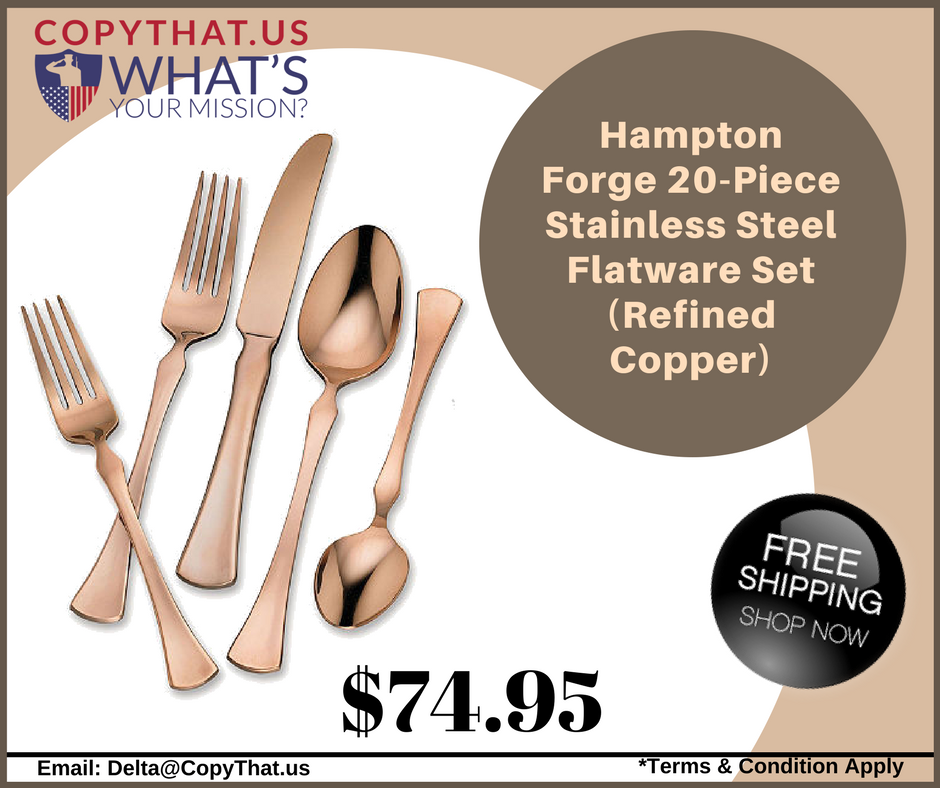 Copy_That_US's tweet image. Hampton Forge 20-Piece Stainless Steel Flatware Set,Refined Copper. #SpoonSet #HomeAppliance #freeshipping #discount buff.ly/2oaxdZB