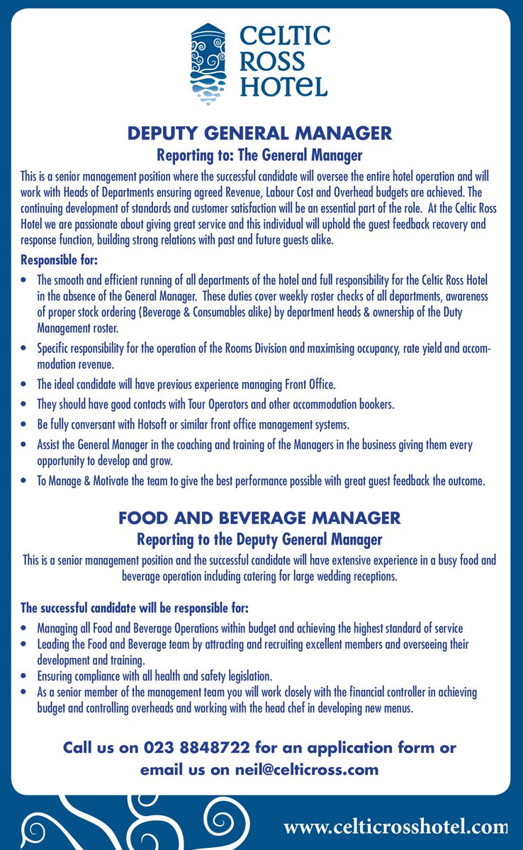 Grantie79's tweet photo. 2 fantastic roles up for grabs @CelticRossHotel - tag your contacts and drop me a line #lovewestcork #jobfairy #tourism https://t.co/ie0i1iJvEr