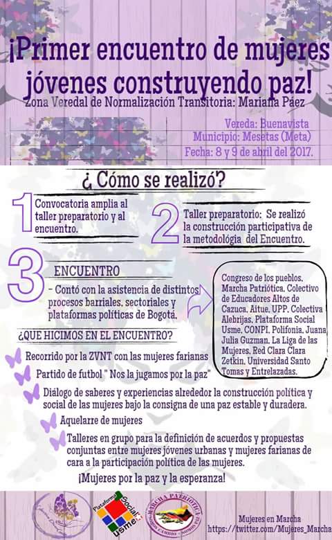 Mujeres_Marcha's tweet photo. #Infografía sobre el "PRIMER ENCUENTRO DE MUJERES JÓVENES CONSTRUYENDO PAZ" que se realizó el 8 y 9 de Abril en la #ZVNT Mariana Páez https://t.co/F96WsC0ucj