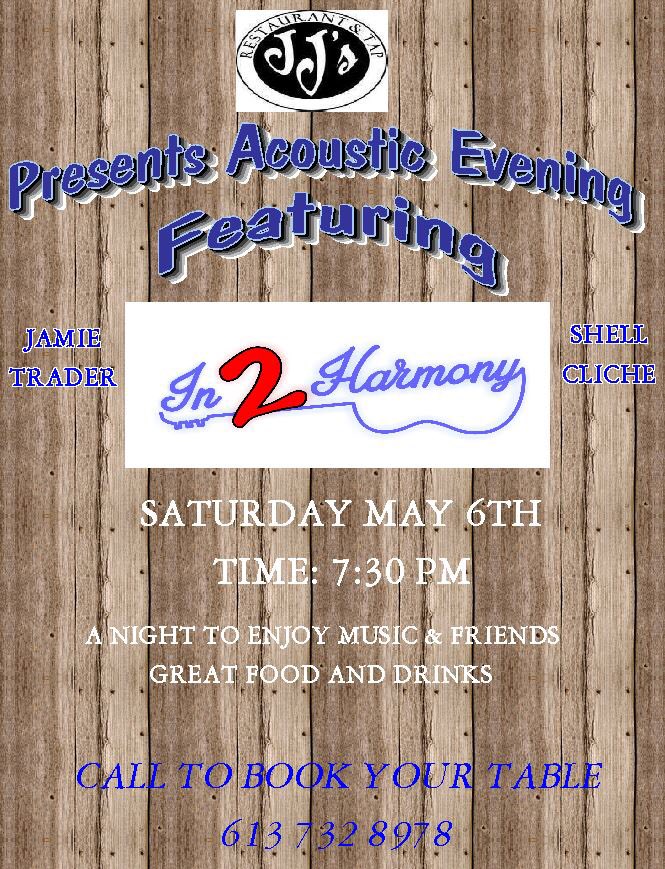 Another gig coming up May 6.  In 2 Harmony at JJ"s Pub Pembroke.  Hope to see you there!  Cheers !🎵🍺