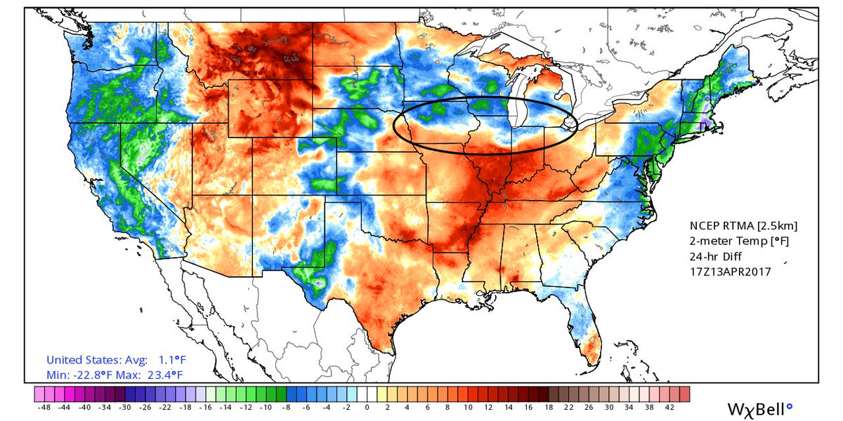 Met_khinz's tweet photo. To put it into perspective, it's the difference between 10° above normal and 5° below in a matter of just a few counties! #AGwx #Midwest https://t.co/lFi2WJKgPX