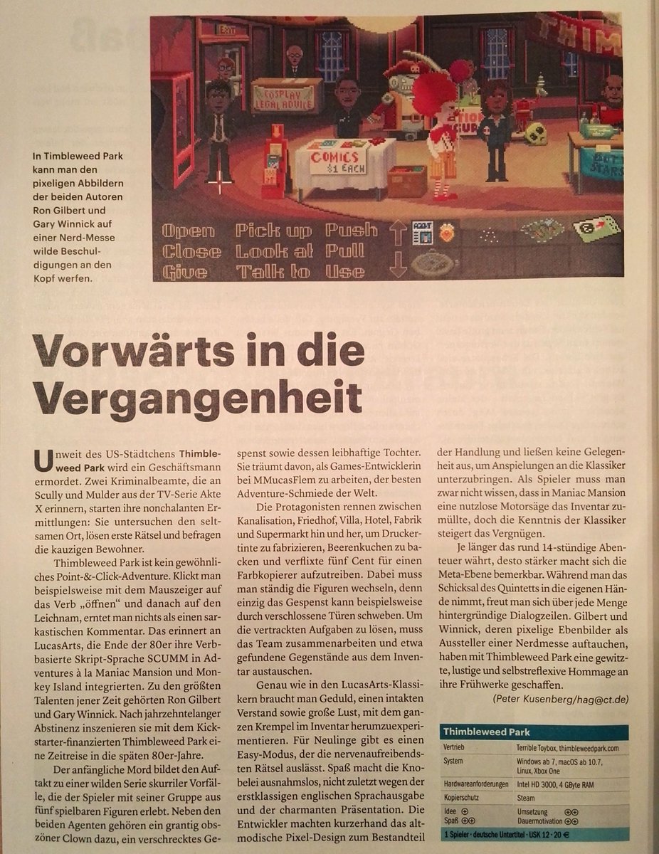 "Forward to the Past": Rave review of <a href="/thimbleweedpark/">Thimbleweed Park</a> in <a href="/ctmagazin/">c't magazin</a>! "Charming presentation", "First-rate English voices", "Fun throughout"