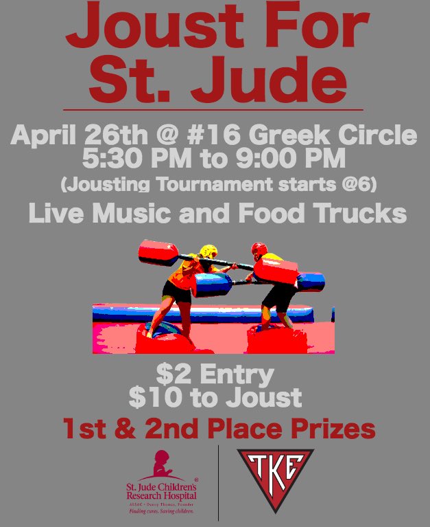 TexasTechTKE's tweet photo. Please come join us as we joust for St. Jude!! All proceeds go to St. Judes research hospital! Buy your tickets now!
https://t.co/9MCH76ERNL https://t.co/u8GzlfeIPr