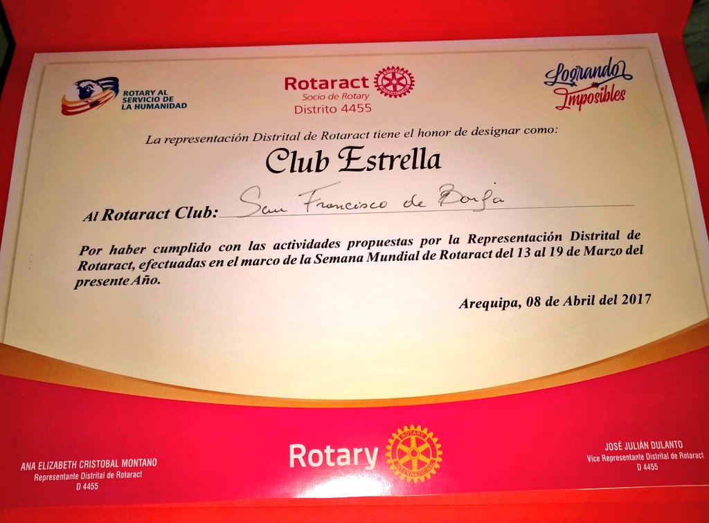 Rotaract_SFB's tweet photo. Reconocimiento como Club Estrella por las actividades realizadas en la Semana Mundial de Rotaract del presente año #Rotaract #RotaractSFB https://t.co/GlmVV8XRK5