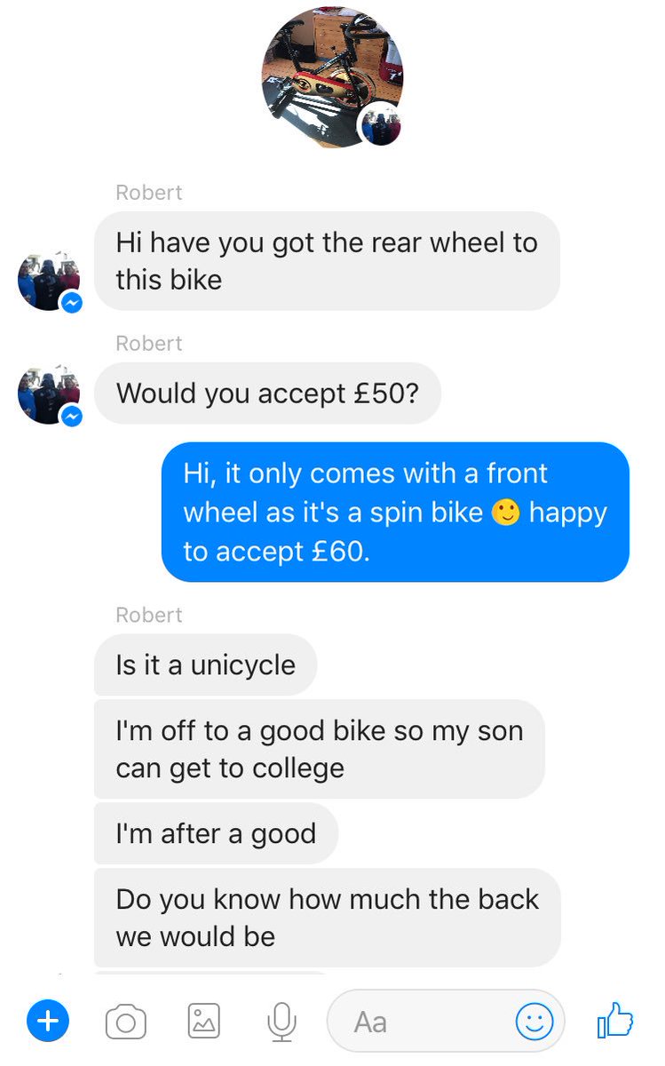 bethhulme09's tweet photo. When you're trying to sell but the buyer doesn't understand the concept of a spin bike 😂😂 @ladbible #Onlyeverhadonewheel #Triedtobenice https://t.co/TtvC4DIFCI