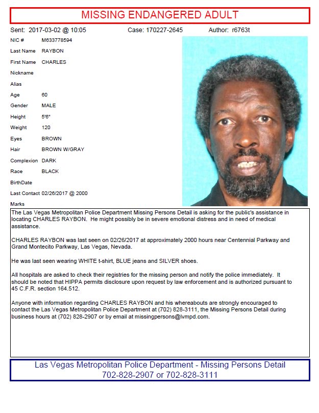 LVMPD's tweet photo. HELP US LOCATE #missingperson Charles Raybon. Please call 702-828-2907 or 702-828-3111 with info. https://t.co/pUEBtjDT0F