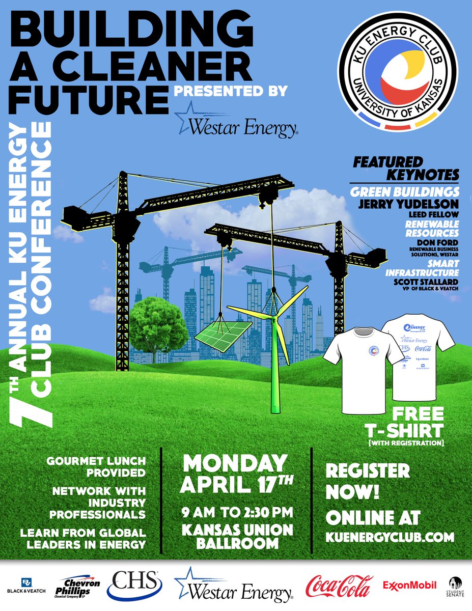 KUEnergyClub's tweet photo. The conference is this Monday. Free t-shirt and delicious lunch included! Come and go as you please! Register at https://t.co/HXSHxA4iMy 💡♻️ https://t.co/8kRmnshuym