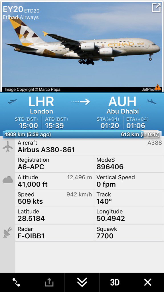 FlightIntl's tweet photo. Squawk 7700: Flight #EY20 from London (LHR) to Abu Dhabi (AUH) has declared an emergency 
https://t.co/muiMeCqhU3 https://t.co/Ap304HCUDC