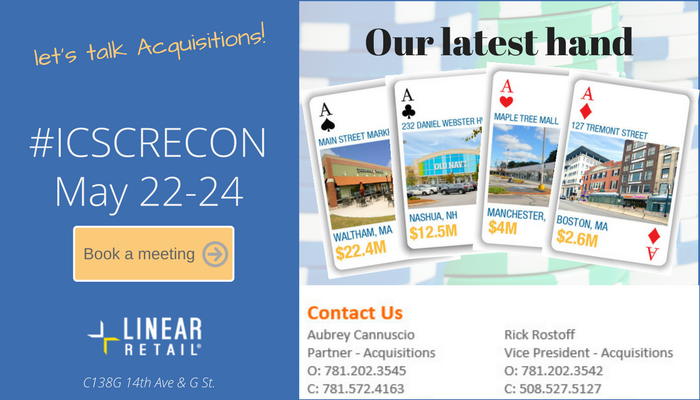 RRostoff's tweet photo. Linear Retail is looking to grow our portfolio of 86 retail properties. Let's meet at ICSC RECON #RetailTraffic https://t.co/OFn2HEw1Ur