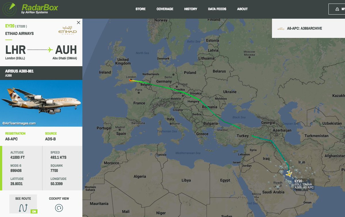 airlivenet's tweet photo. LIVE Etihad A380 #EY20 from London LHR to Abu Dhabi is declaring an emergency https://t.co/buPDV2i3up https://t.co/YPO2ljpopG