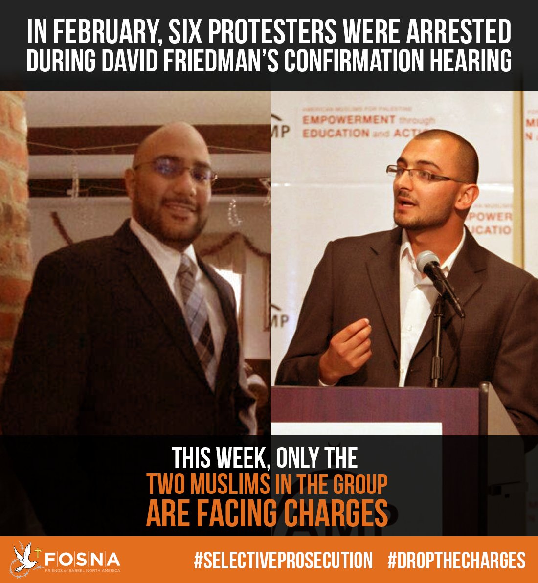 fosnalive's tweet image. Of 6 activists arrested at Friedman hearing, only the 2 Muslims face criminal charges #SelectiveProsecution ow.ly/pWoC30aOVZk