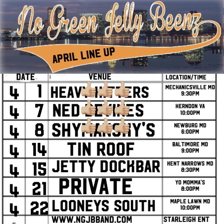 NGJBeenz's tweet photo. Let's keep April on this awesome streak!
Fri 4/14 at @tinroofbmore in @powerplantlive #tinroof #ppl
Sat 4/15 @jetty_dock_bar #jetty #ngjb https://t.co/dq7W5hTadG
