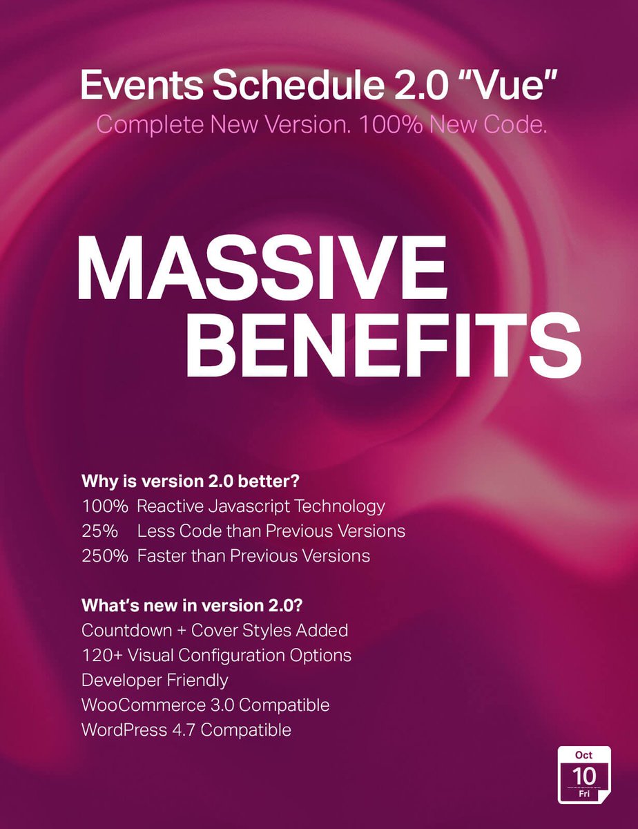 Just released Events Schedule WordPress Plugin 2.0 "Vue". Reactive  JS by <a href="/vuejs/">Vue</a> . See it here: codecanyon.net/item/events-sc…