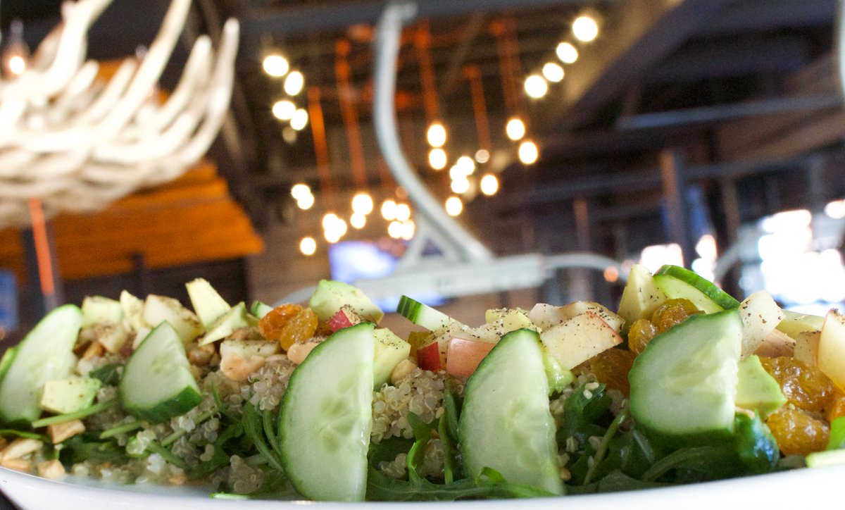 Quinoa salad with sliced almonds, avocado and apples. Tag in golden raisins and lemon vinaigrette and you have the perfect spring meal.