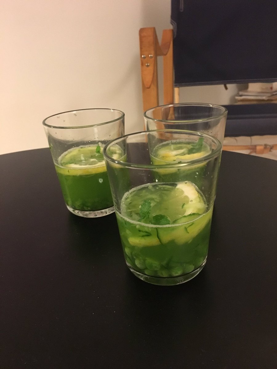 Healthy Easter drink - cucumber juice, dry vermouth, frozen peas and lemon - cheers!