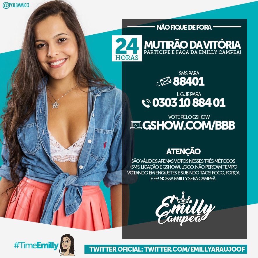 maylaaraujoof's tweet photo. ✅MUTIRÃO DA VITÓRIA INICIADO✅

✔️ATÉ 20h
✔️GSHOW SMS OU LIGAÇÃO 
✔️VOTAR RÁPIDO 

#EmillyCampeã #TimeEmilly https://t.co/UOGUnYnITV