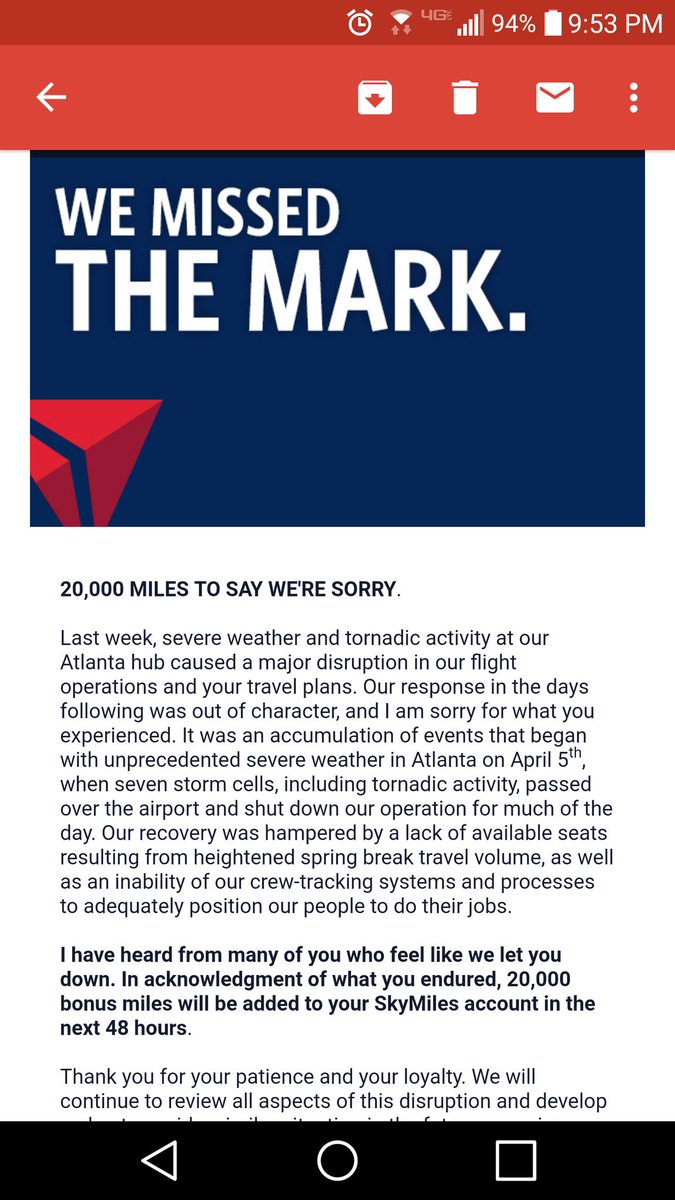 jmhunter7's tweet photo. Gee thanks @Delta for the 20k bonus miles due to #deltameltdown #neveragain https://t.co/GsG3qUAErk