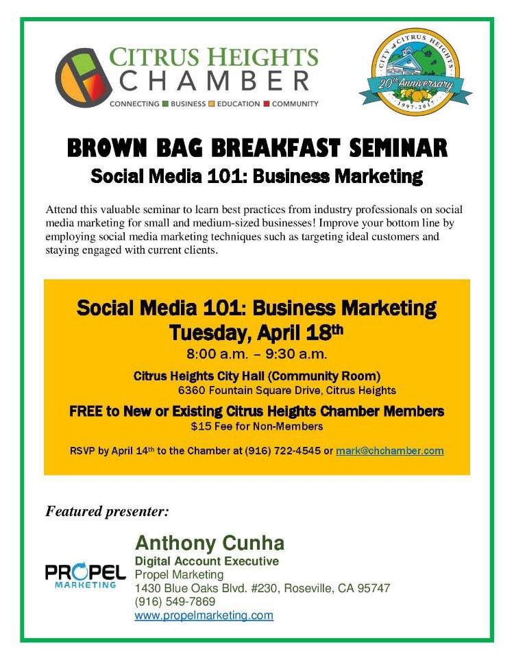 RSVP today for the Chamber's "Brown Bag" Breakfast Seminar on April 18th from 8-9:30am in the Community Room at City Hall. <a href="/CityofCHeights/">CityofCitrusHeights</a>