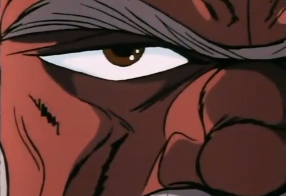 高山瑞穂 拾い画像ですが そのアズベスのアップはこれです ２フレームいっぱいにじっちゃんの顔 これをトレスできなかった動画マンは最初この太く勢いのある線を囲うように輪郭取ってた それじゃ当然原画を生かした絵になるはずもなく