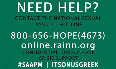 NPCWomen's tweet photo. Know your resources. Call the 800-656-HOPE for confidential, one-on-one crisis counseling. https://t.co/nFlbHjRFhS #SAAPM #ITSONUSGREEk https://t.co/ERb8FofA4h