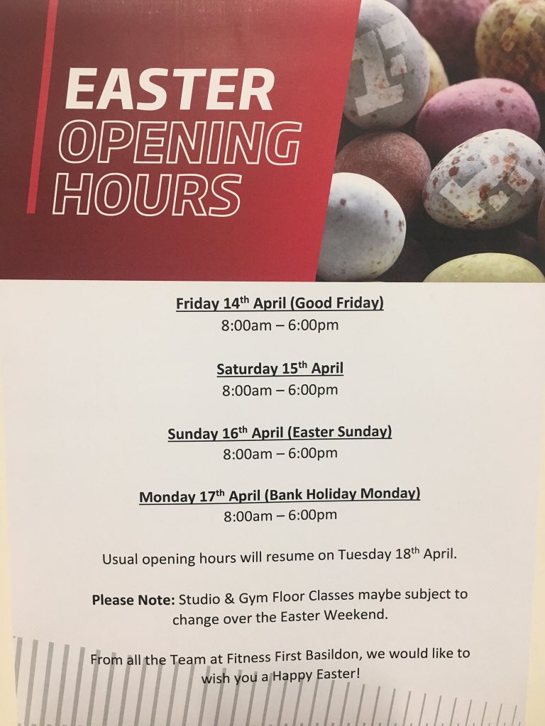 FF_Basildon's tweet image. Fitness First Basildon -
Easter Weekend Opening Hours 

From all of the team we would like to wish you a Happy Easter! 🐰