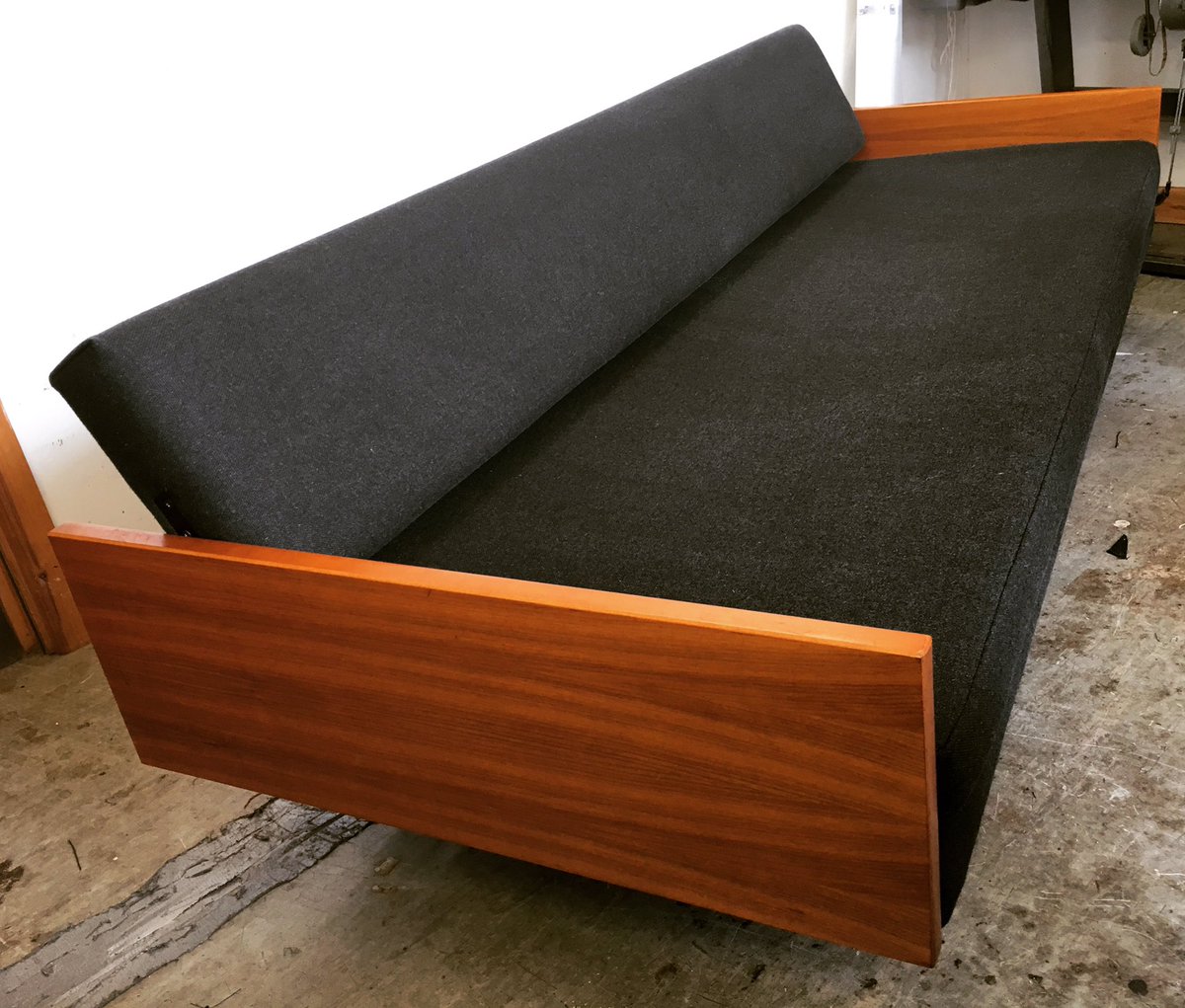 Robin Day Sofa Bed 1957 arms restored and upholstered in @camira Mainline Flax. Super chic!!#robinday #midcenturydesign #modernupholstery