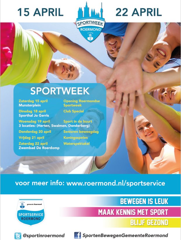 De Roermondse Sportweek wordt zaterdag 15 april feestelijk geopend op het Munsterplein in #Roermond (11.00-16.00 uur). Jij komt toch ook?