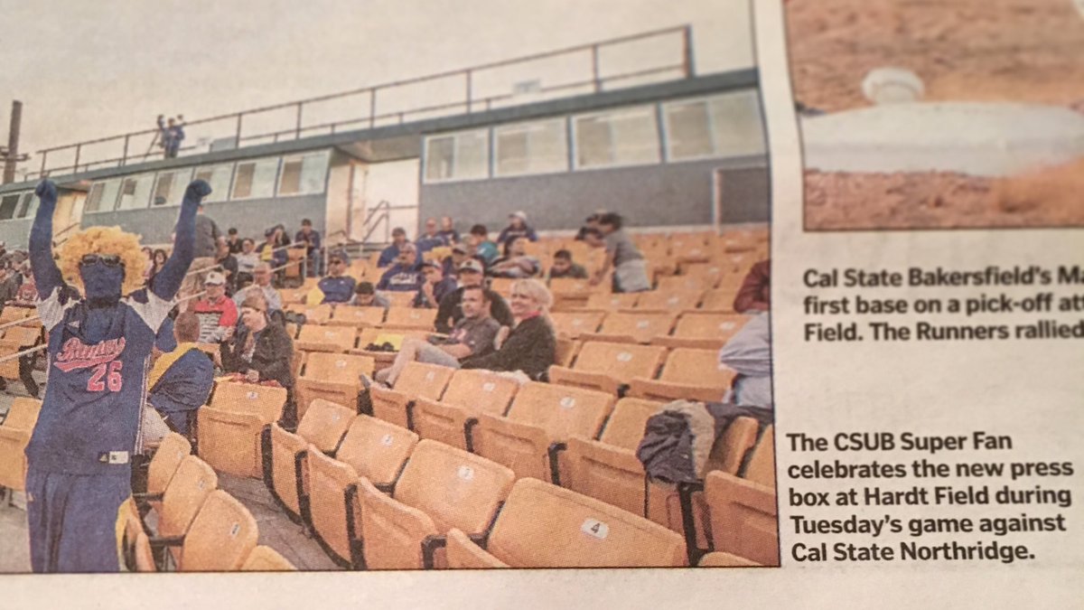 bakopaper's tweet photo. Super Fan can't contain his excitement about new press box. #CSUBsuperfan #allrunners #newspaper #cutline #caption #hardtfield #bakersfield https://t.co/NkOfOwgZUa
