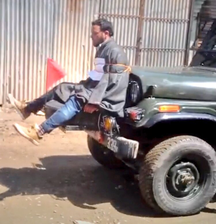 OmarAbdullah's tweet image. This young man was TIED to the front of an army jeep to make sure no stones were thrown at the jeep? This is just so shocking!!!! #Kashmir