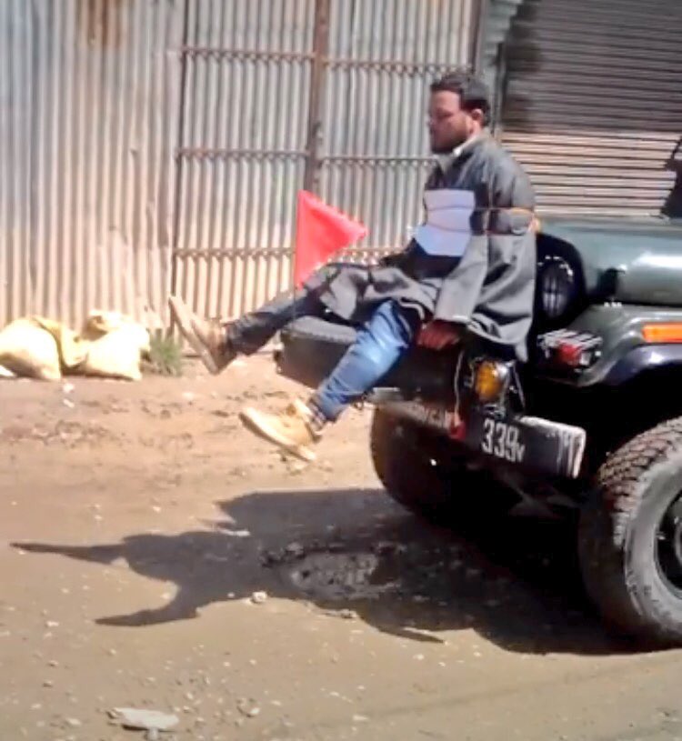 OmarAbdullah's tweet image. This young man was TIED to the front of an army jeep to make sure no stones were thrown at the jeep? This is just so shocking!!!! #Kashmir