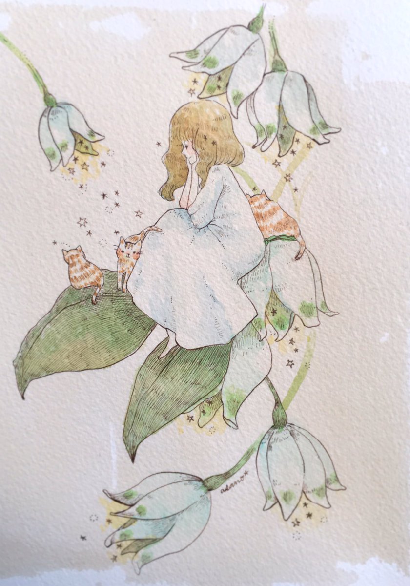 O Xrhsths 吉田麻乃 Sto Twitter スノーフレーク ほんのり色付しました こんな形のお花って中に何か隠れてそうですき 鈴蘭とか鬼灯とか 水彩画 水彩 女の子 イラスト 猫 ネコ ねこ ペン画 スノーフレーク 花