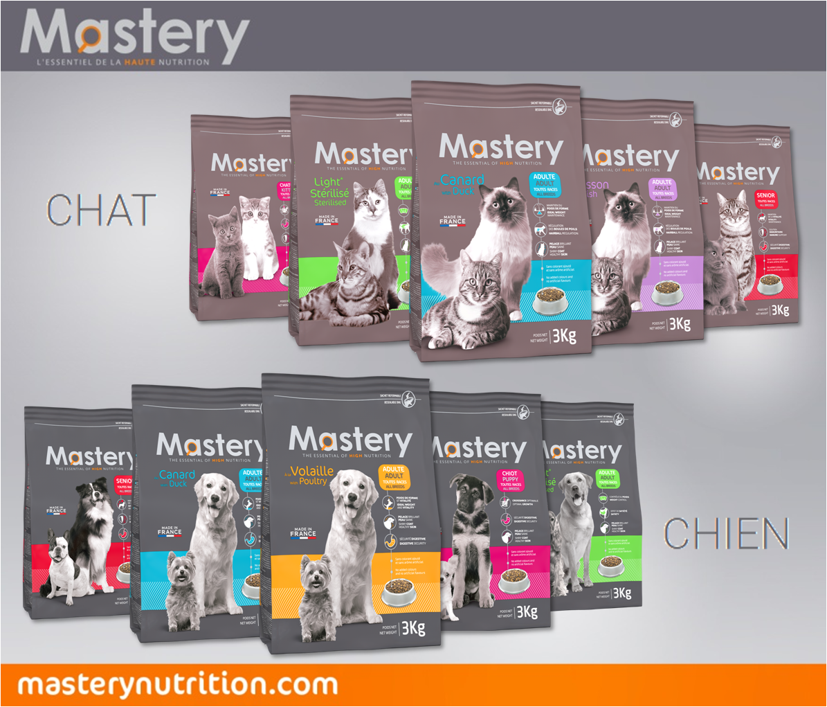 Découvrez la gamme d'alimentation super premium MASTERY pour toutes les races de chiens et chats : masterynutrition.com