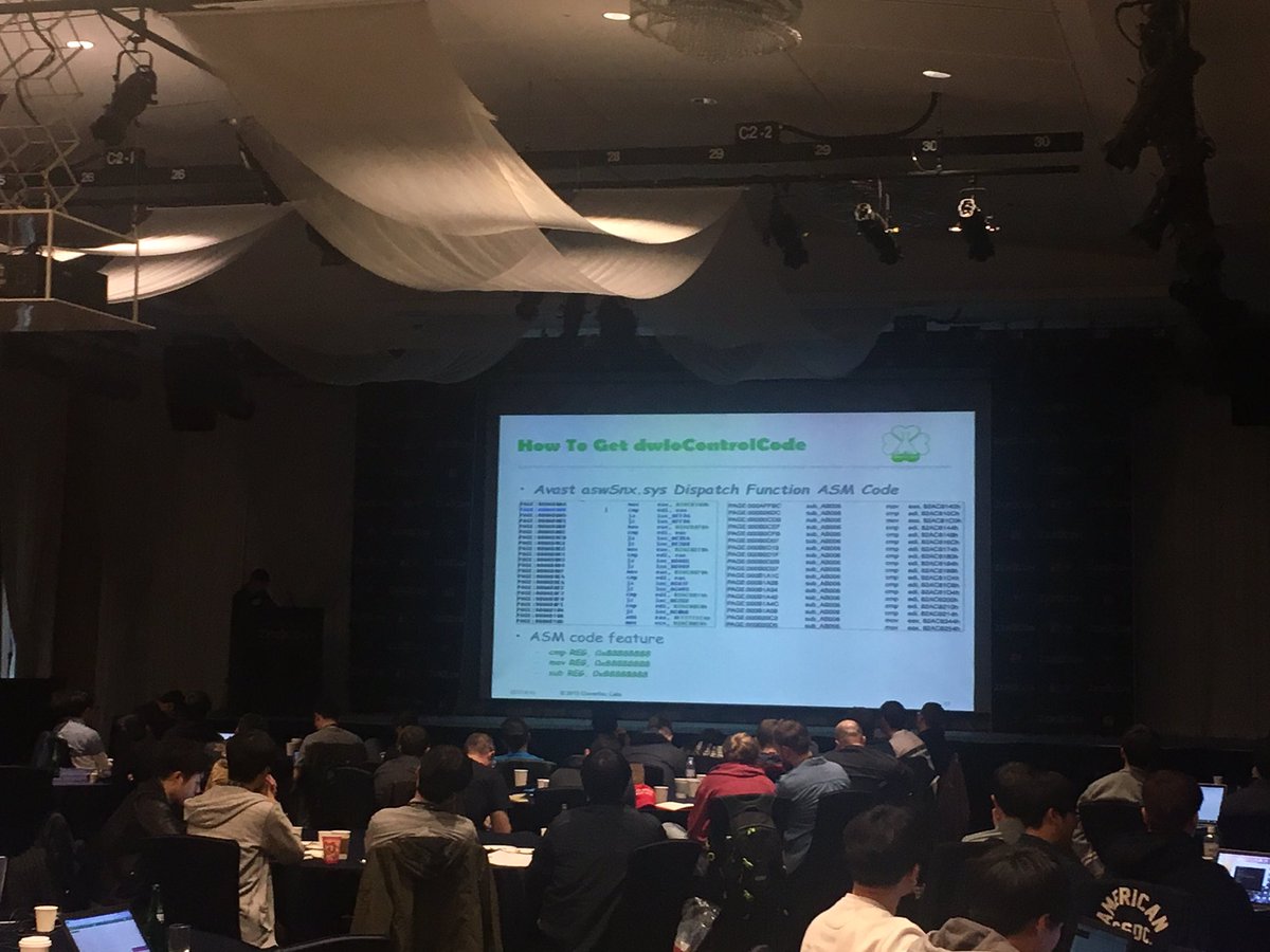 vangelis_at_POC's tweet photo. bee13oy from CloverSec Labs is giving his talk, "Attacking Antivirus Software's Kernel Driver". https://t.co/JF2RantcSD