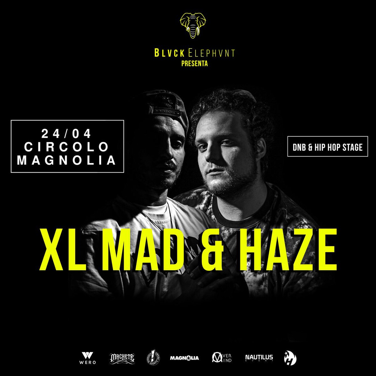 BlvckElephvnt's tweet photo. Nuova chicca in arrivo al DnB &amp; Hip-Hop stage: XL Mad &amp; Haze! 
– 10 al secondo appuntamento di #BlvckElephvnt il 24/04 al @CircoloMagnolia! https://t.co/EMo1XxUYtT