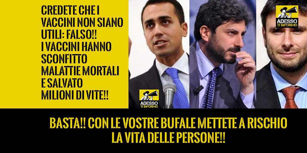 AdessoTiInformo's tweet photo. I #cinquestellefalse continuano a sminuire l'importanza dei vaccini. STOP ALLE FAKE NEWS Proteggiamo i nostri figli! #14aprile #Venerdisanto https://t.co/vcnZffRxrD
