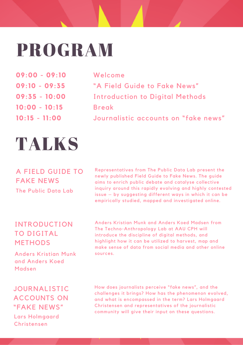 TANTLabCPHStud's tweet photo. Wan't to learn about digital methods, journalism and fake news? Join us in Copenhagen: https://t.co/wLIjIaMwGu #dkmedier #fakesprint #ddj https://t.co/Eh15mBmlQ2