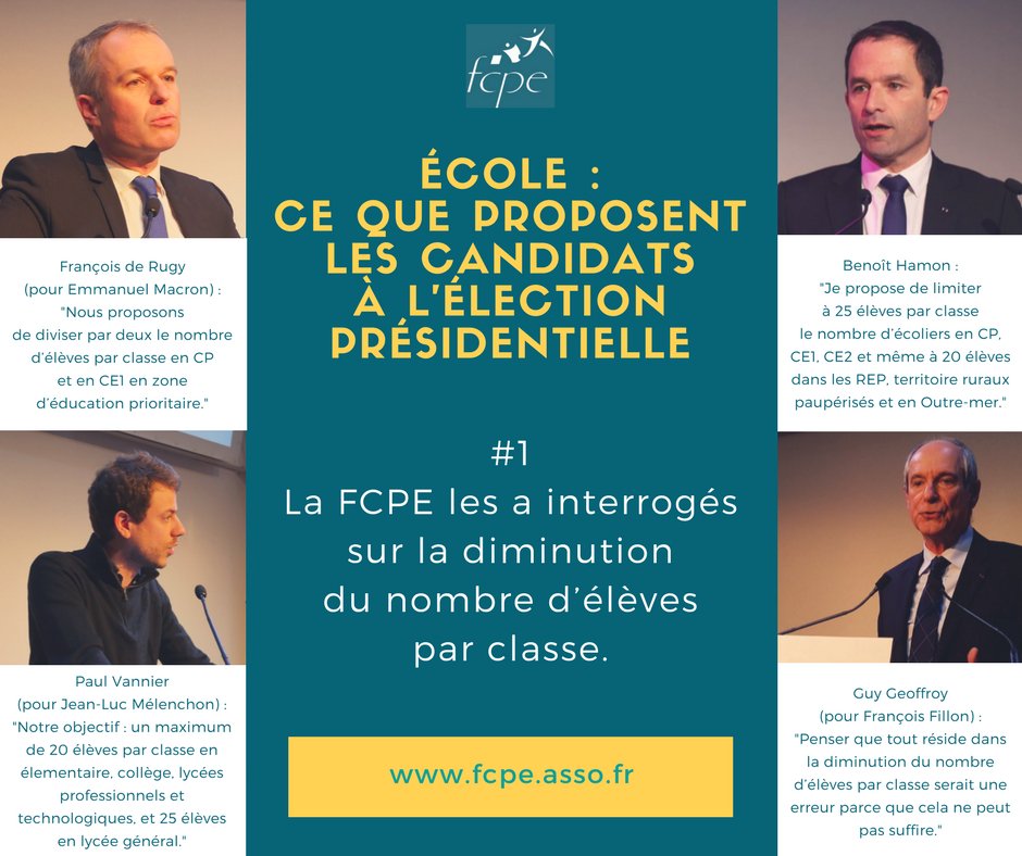 FCPE_nationale's tweet photo. Que comptent faire les candidats pour le nombre d’élèves par classe ? Ils ont répondu à la FCPE ! #pourlecole #présidentielle2017 https://t.co/nEgLSU3uL7