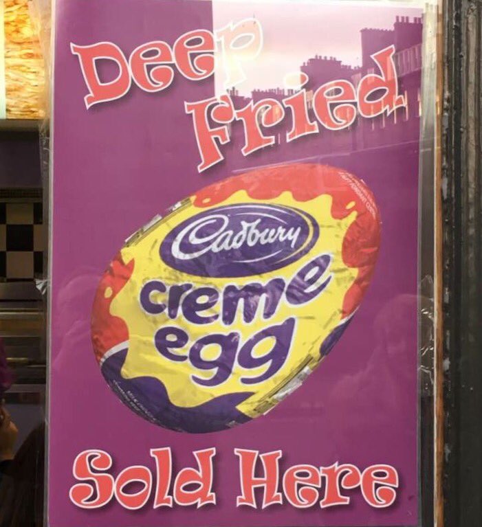 CreateIntrigue's tweet photo. Would anyone like a deep fried cream egg!? - sign spotted in a chip shop in Edinburgh #HappyEaster #IntriguingIdea https://t.co/ZPo9ExUZjg