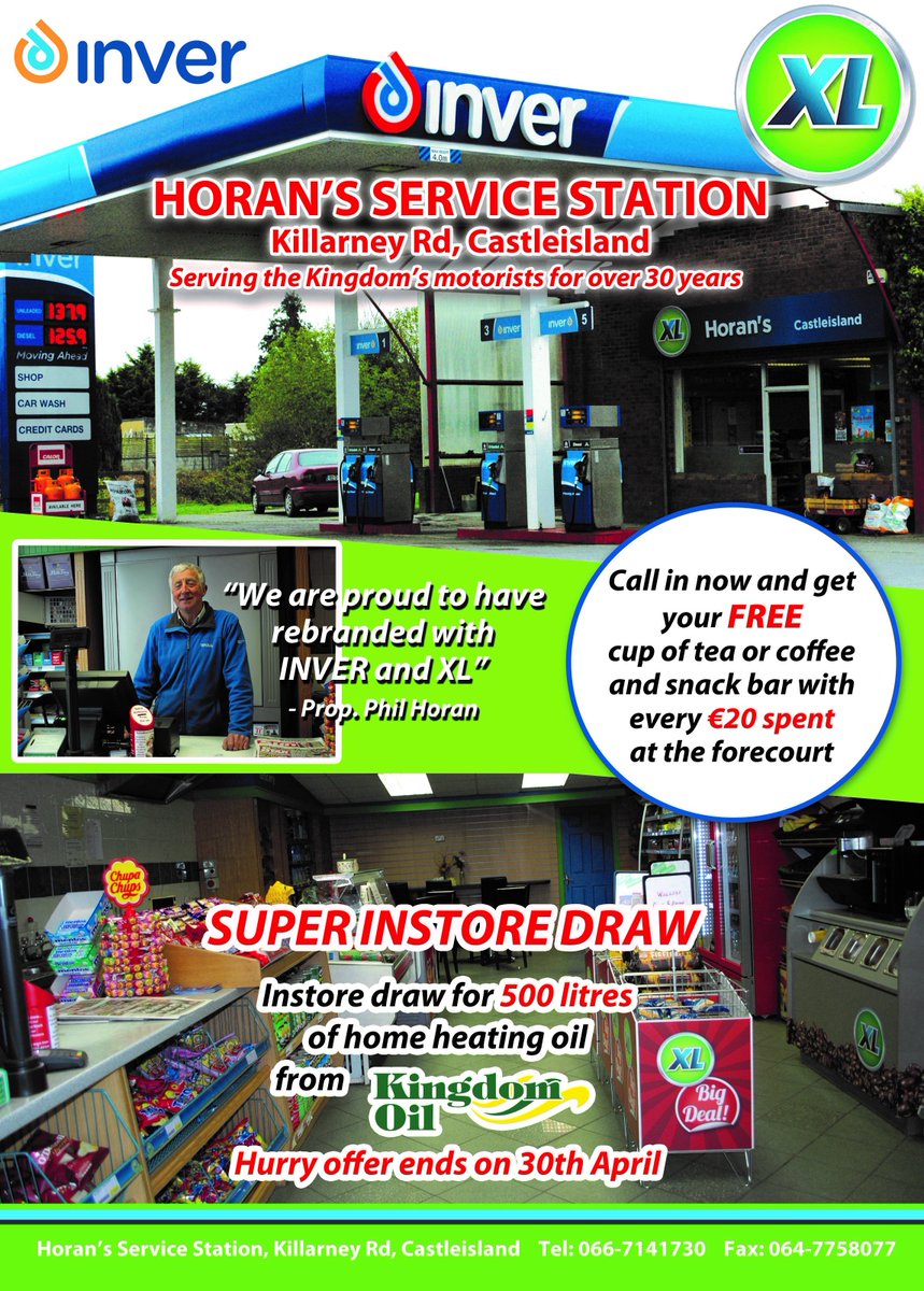 OKeeffesoil's tweet photo. Call to Horan's Inver Service Station Castleisland and enter our FREE draw for 500 Litres of Heating Oil https://t.co/qHjwGIGybn