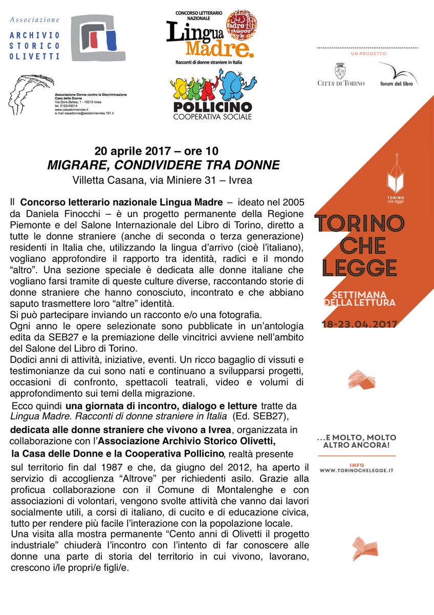 Il 20 aprile <a href="/ArchOlivetti/">Archivio Storico Olivetti</a> partecipa a <a href="/Torinochelegge/">Torinochelegge</a> con <a href="/InfoCLM/">ConcorsoLinguaMadre</a>, Casa delle Donne di Ivrea e Cooperativa Cociale Pollicino di Ivrea