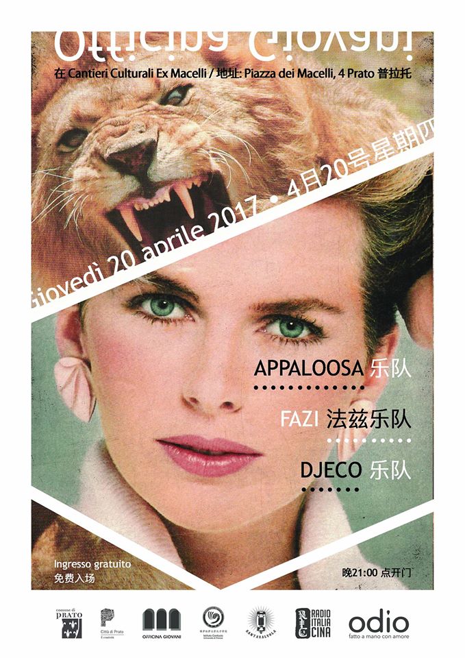 La locandina ufficiale del concerto del 20 aprile: Appaloosa, Fazi e Djeco in concerto: ow.ly/uftt30aPIBE   a #officinagiovani #prato